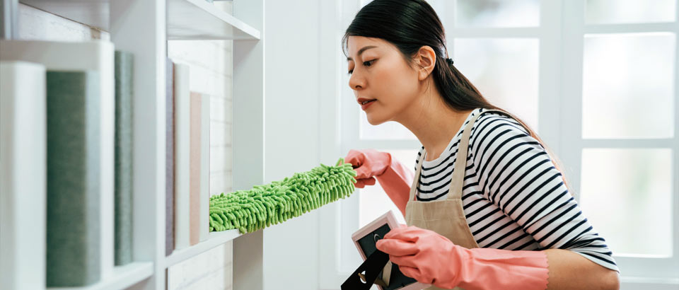 women dusting her bookshelves