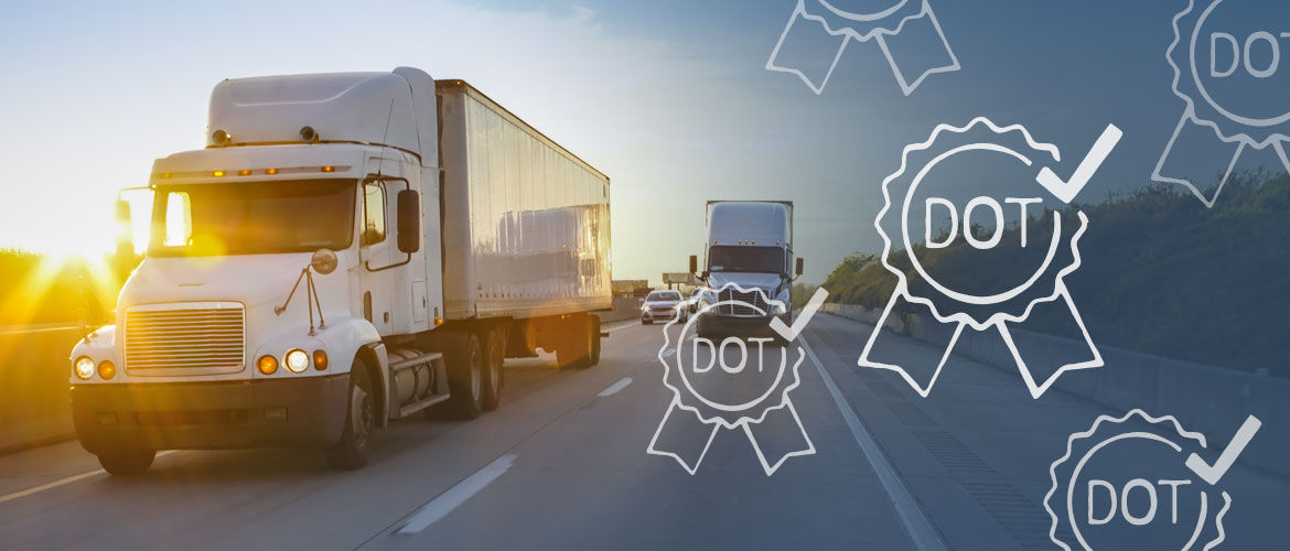 tractor-trailer driving on a busy highway with an overlay of icons of ribbons with DOT written on them