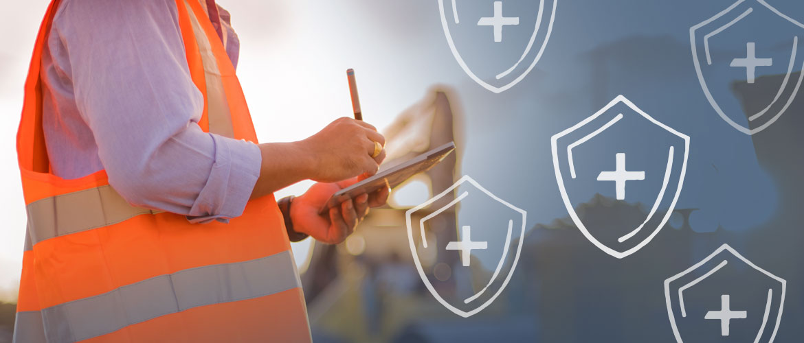 a person wearing an orange safety vest with a clipboard with icons of shields with crosses on them overlaid on the image