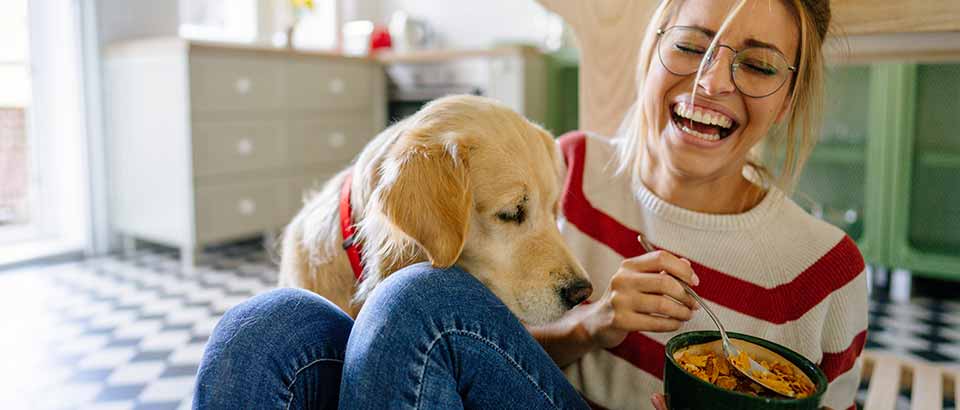 girl laughing at dog trying to steal food